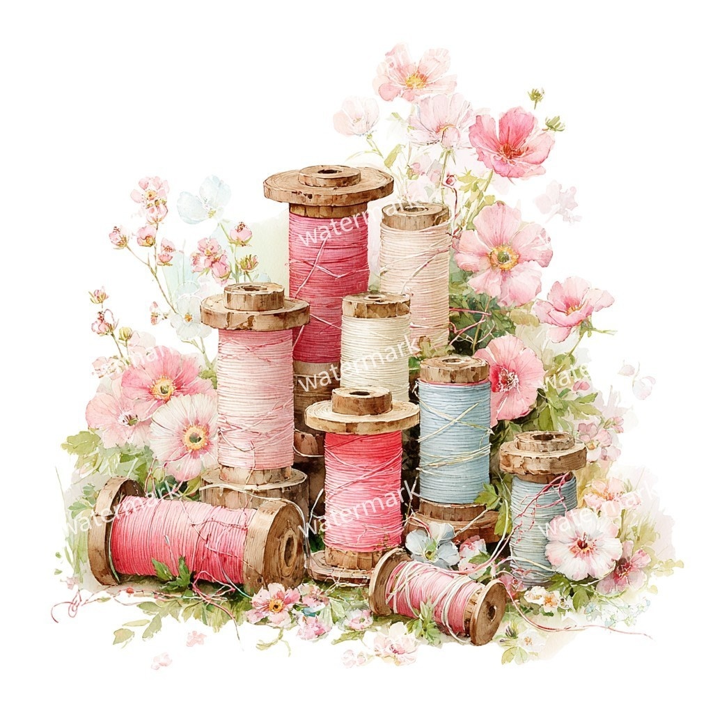 【商用利用可】ヴィンテージ糸巻き(水彩スプールオブスレッド)クリップアート15点セット|高解像度・透過PNG|手芸・ソーイング素材|コラージュ・ジャンクジャーナル素材|即ダウンロード