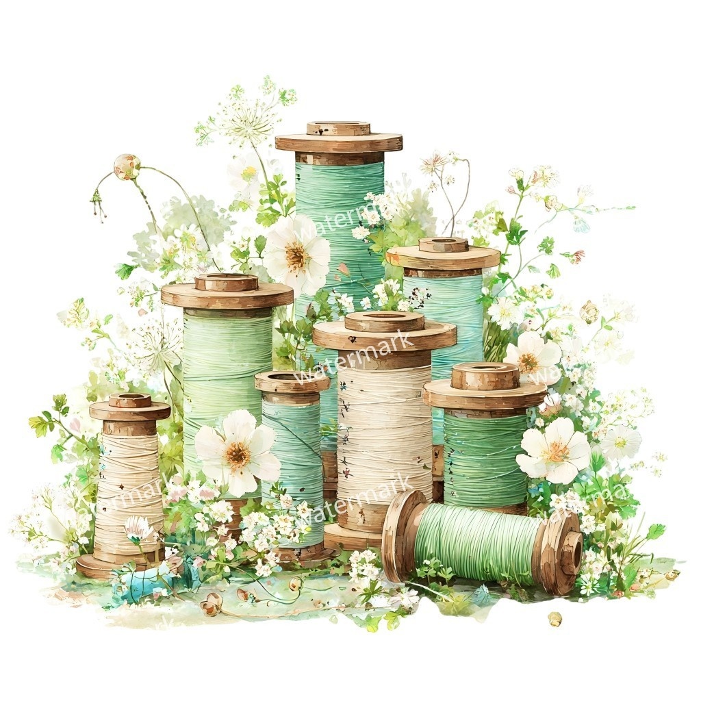 【商用利用可】ヴィンテージ糸巻き(水彩スプールオブスレッド)クリップアート15点セット|高解像度・透過PNG|手芸・ソーイング素材|コラージュ・ジャンクジャーナル素材|即ダウンロード