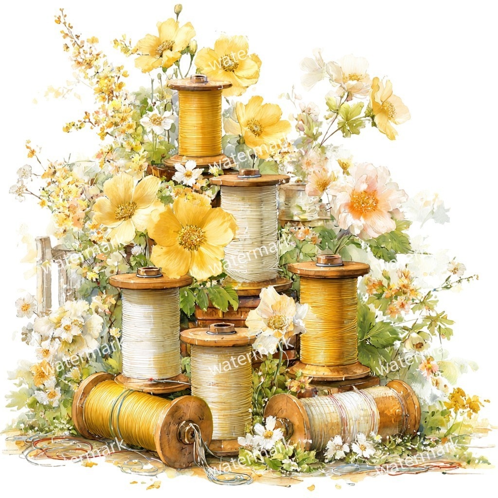【商用利用可】ヴィンテージ糸巻き(水彩スプールオブスレッド)クリップアート15点セット|高解像度・透過PNG|手芸・ソーイング素材|コラージュ・ジャンクジャーナル素材|即ダウンロード