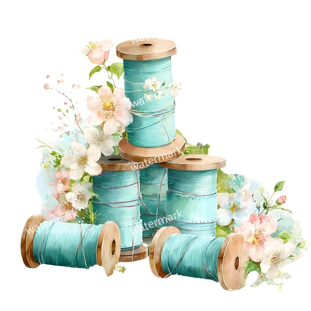 【商用利用可】ヴィンテージ糸巻き(水彩スプールオブスレッド)クリップアート15点セット|高解像度・透過PNG|手芸・ソーイング素材|コラージュ・ジャンクジャーナル素材|即ダウンロード