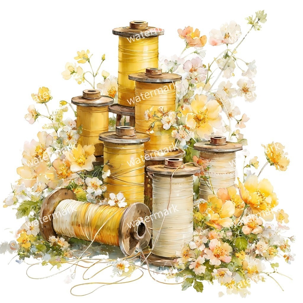【商用利用可】ヴィンテージ糸巻き(水彩スプールオブスレッド)クリップアート15点セット|高解像度・透過PNG|手芸・ソーイング素材|コラージュ・ジャンクジャーナル素材|即ダウンロード