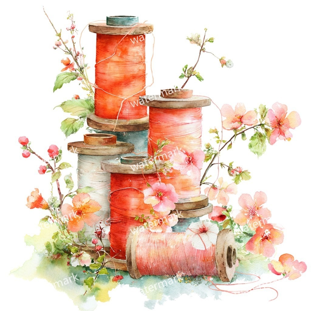 【商用利用可】ヴィンテージ糸巻き（水彩スプールオブスレッド）クリップアート15点セット｜高解像度・透過PNG｜手芸・ソーイング素材｜コラージュ・ジャンクジャーナル素材｜即ダウンロード