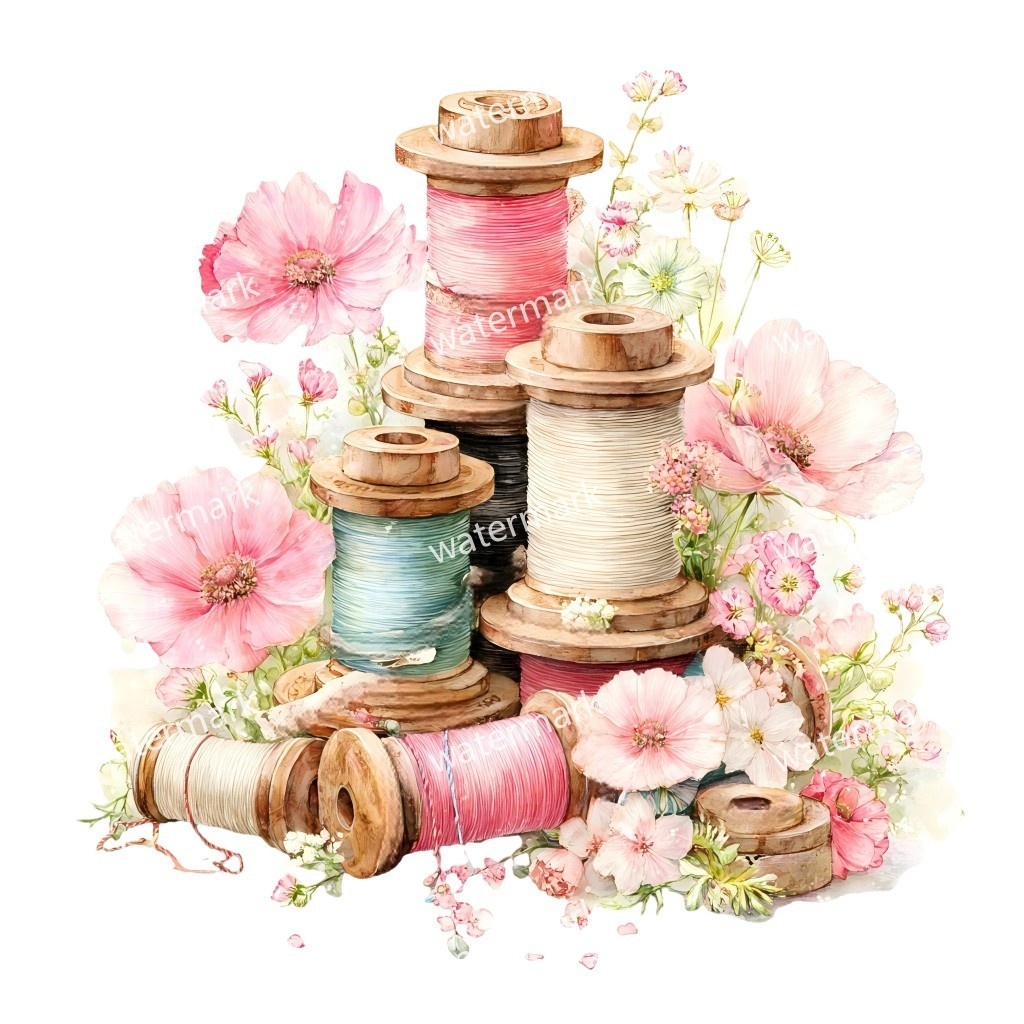 【商用利用可】ヴィンテージ糸巻き(水彩スプールオブスレッド)クリップアート15点セット|高解像度・透過PNG|手芸・ソーイング素材|コラージュ・ジャンクジャーナル素材|即ダウンロード