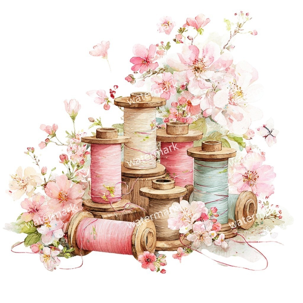 【商用利用可】ヴィンテージ糸巻き(水彩スプールオブスレッド)クリップアート15点セット|高解像度・透過PNG|手芸・ソーイング素材|コラージュ・ジャンクジャーナル素材|即ダウンロード