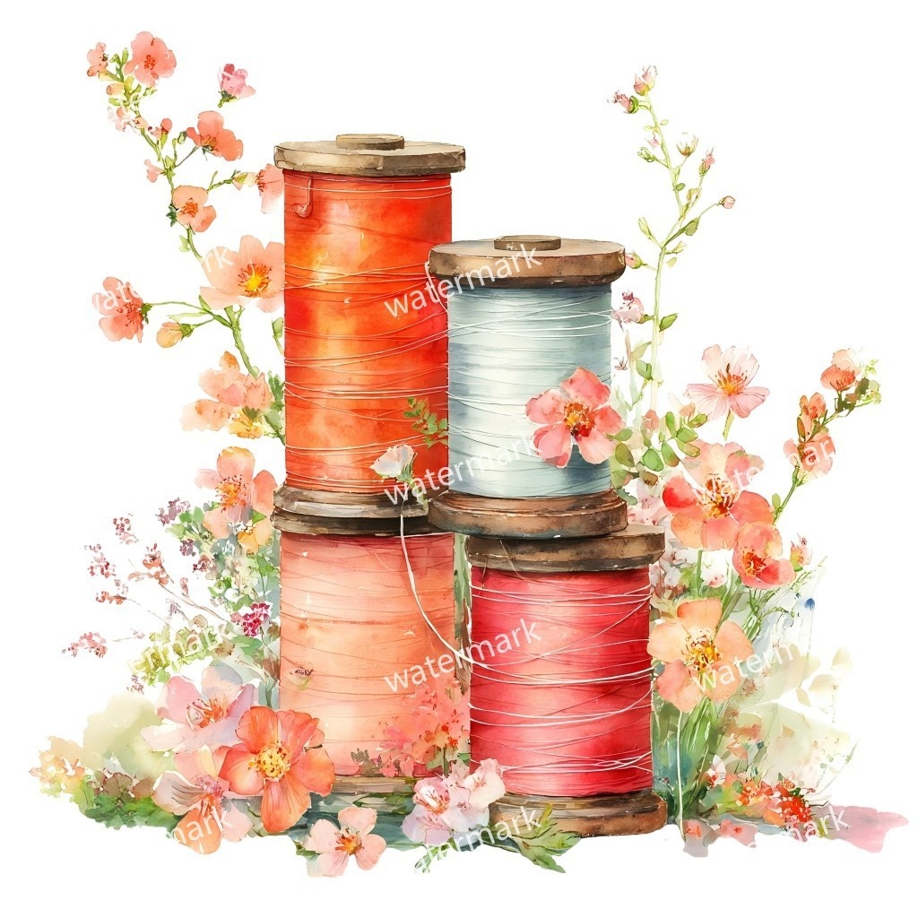 【商用利用可】ヴィンテージ糸巻き(水彩スプールオブスレッド)クリップアート15点セット|高解像度・透過PNG|手芸・ソーイング素材|コラージュ・ジャンクジャーナル素材|即ダウンロード