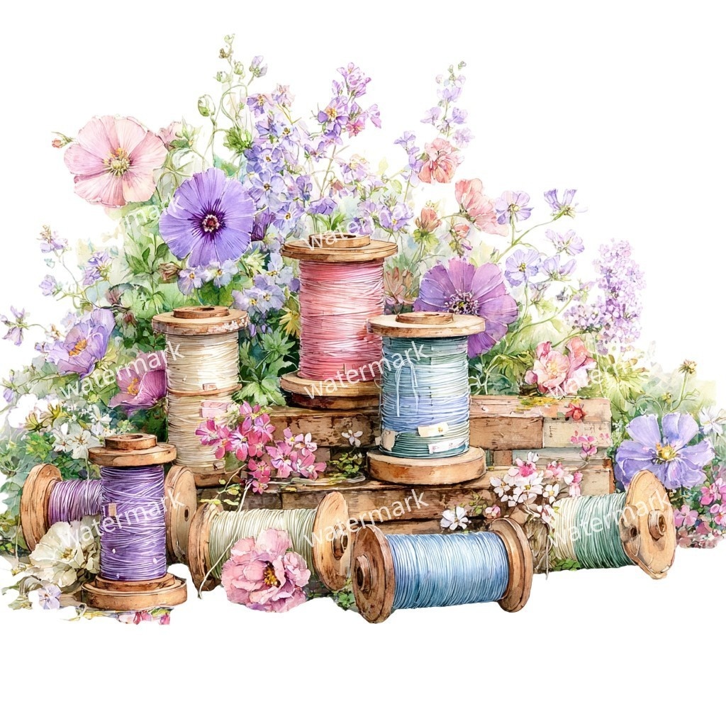 【商用利用可】ヴィンテージ糸巻き(水彩スプールオブスレッド)クリップアート15点セット|高解像度・透過PNG|手芸・ソーイング素材|コラージュ・ジャンクジャーナル素材|即ダウンロード