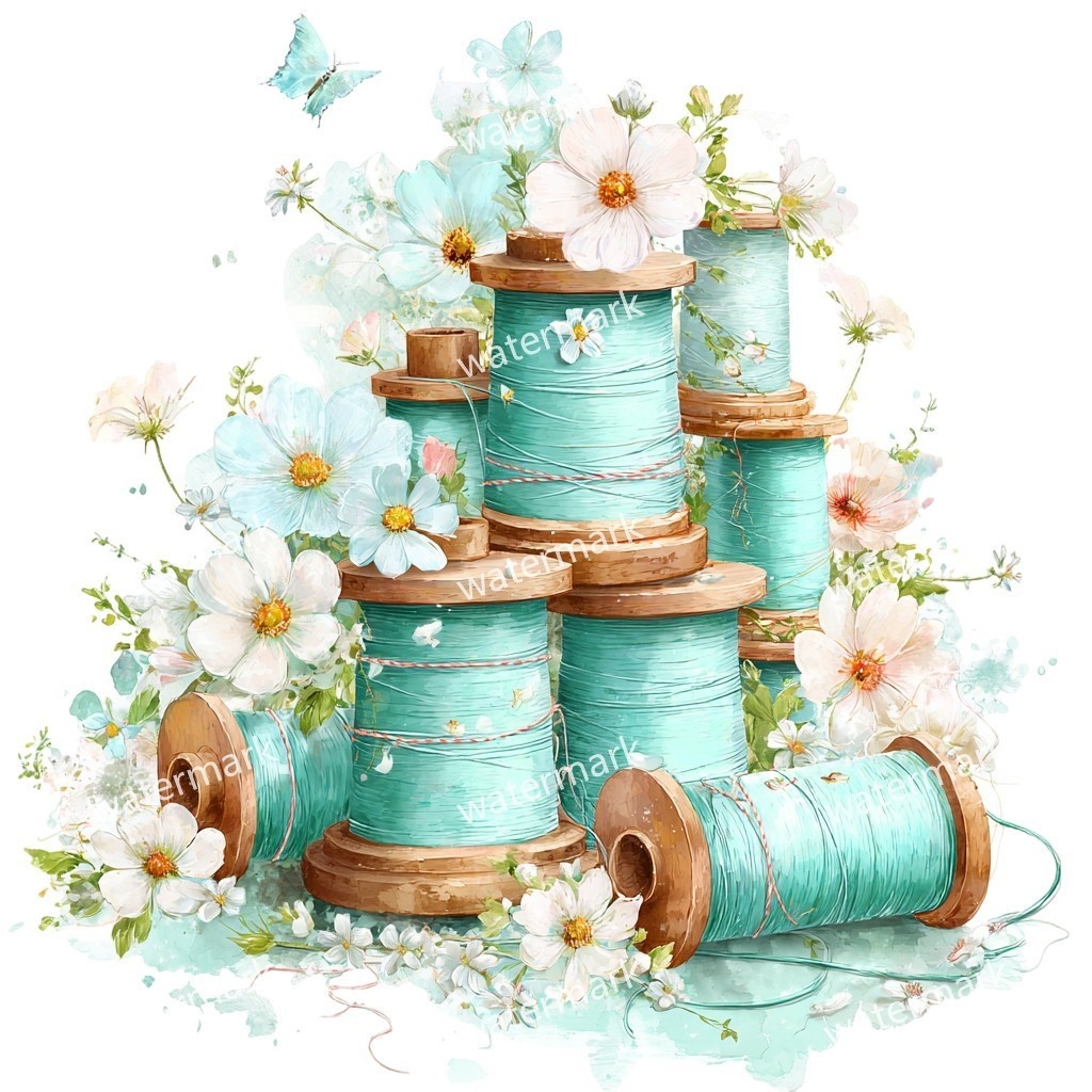 【商用利用可】ヴィンテージ糸巻き(水彩スプールオブスレッド)クリップアート15点セット|高解像度・透過PNG|手芸・ソーイング素材|コラージュ・ジャンクジャーナル素材|即ダウンロード