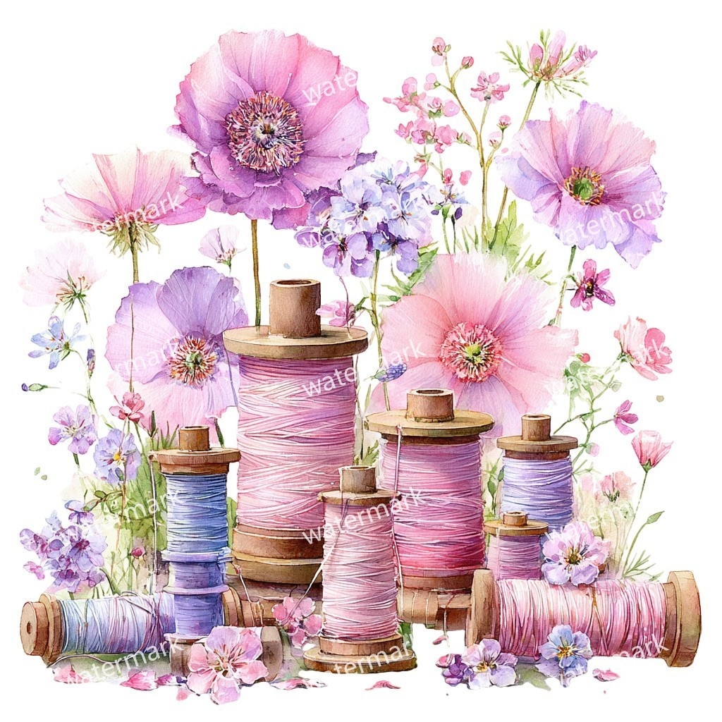 【商用利用可】ヴィンテージ糸巻き(水彩スプールオブスレッド)クリップアート15点セット|高解像度・透過PNG|手芸・ソーイング素材|コラージュ・ジャンクジャーナル素材|即ダウンロード
