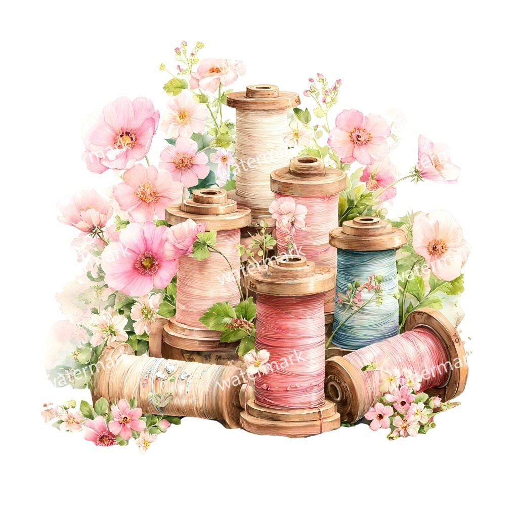 【商用利用可】ヴィンテージ糸巻き(水彩スプールオブスレッド)クリップアート15点セット|高解像度・透過PNG|手芸・ソーイング素材|コラージュ・ジャンクジャーナル素材|即ダウンロード