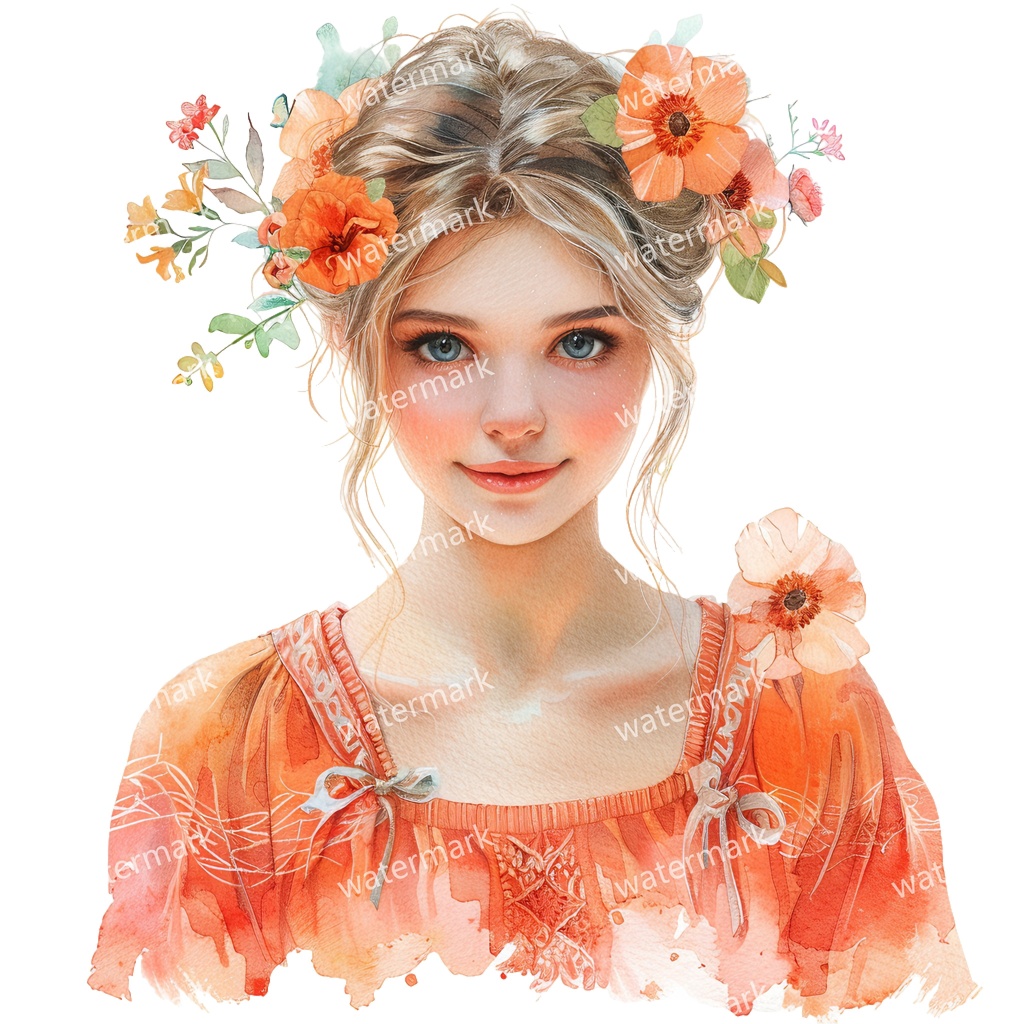 【商用利用可】花と女の子（水彩フラワーガール）クリップアート19点セット｜高解像度・透過PNG｜かわいい人物・コラージュ・ジャンクジャーナル素材｜即ダウンロード