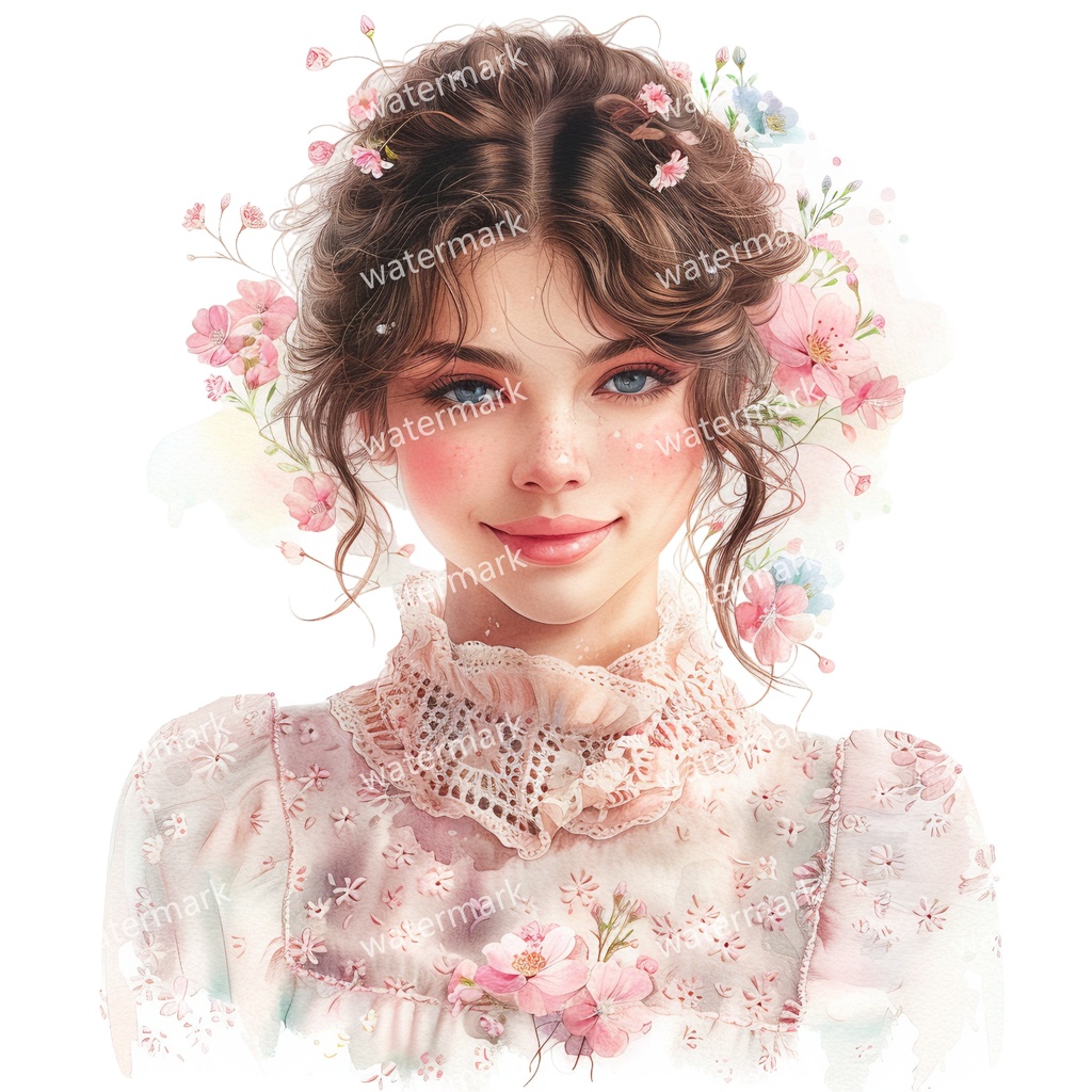 【商用利用可】花と女の子(水彩フラワーガール)クリップアート19点セット|高解像度・透過PNG|かわいい人物・コラージュ・ジャンクジャーナル素材|即ダウンロード
