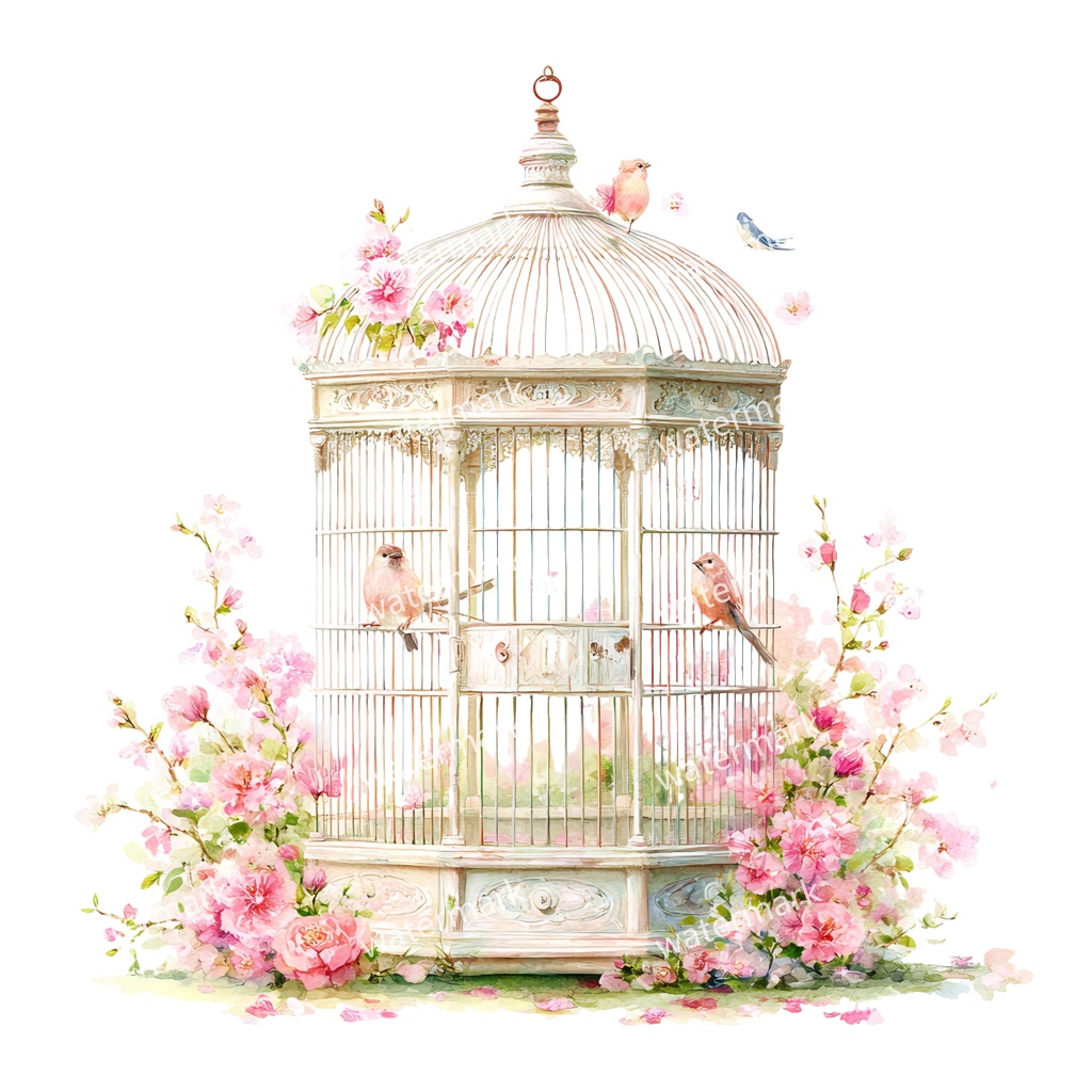 【商用利用可】花と鳥かご(水彩フローラルバードケージ)クリップアート12点セット|高解像度・透過PNG|ヴィンテージ装飾・コラージュ・ジャンクジャーナル素材|即ダウンロード