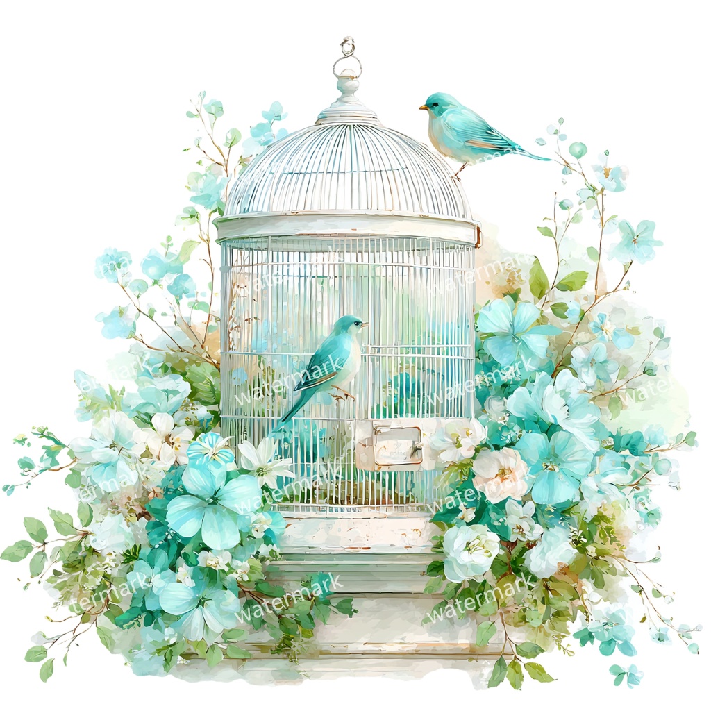 【商用利用可】花と鳥かご(水彩フローラルバードケージ)クリップアート12点セット|高解像度・透過PNG|ヴィンテージ装飾・コラージュ・ジャンクジャーナル素材|即ダウンロード