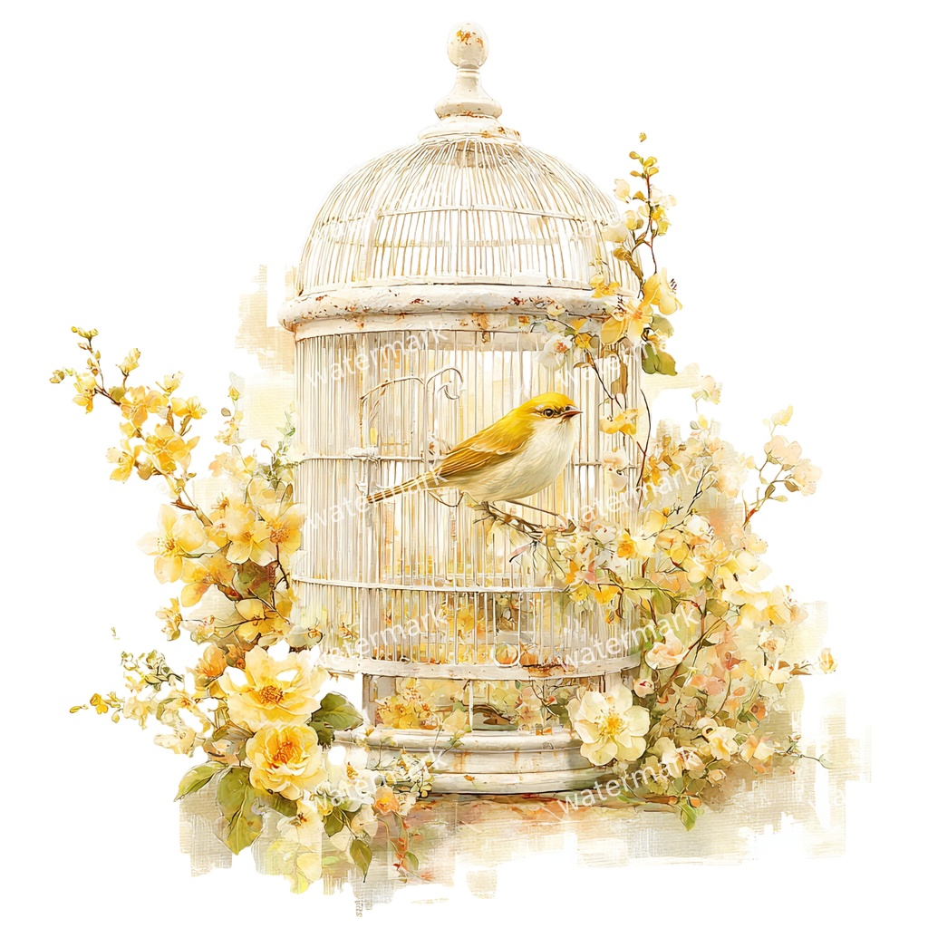 【商用利用可】花と鳥かご(水彩フローラルバードケージ)クリップアート12点セット|高解像度・透過PNG|ヴィンテージ装飾・コラージュ・ジャンクジャーナル素材|即ダウンロード