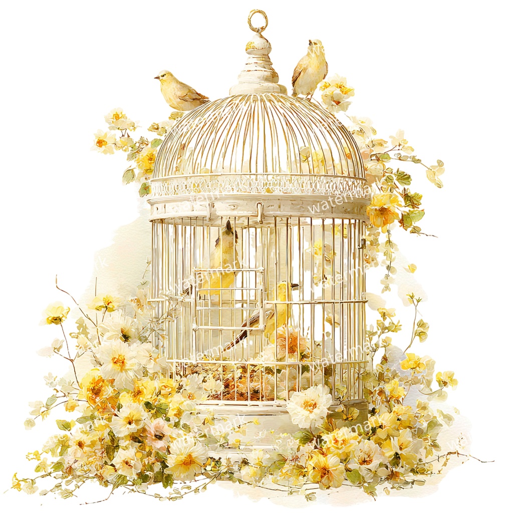 【商用利用可】花と鳥かご(水彩フローラルバードケージ)クリップアート12点セット|高解像度・透過PNG|ヴィンテージ装飾・コラージュ・ジャンクジャーナル素材|即ダウンロード