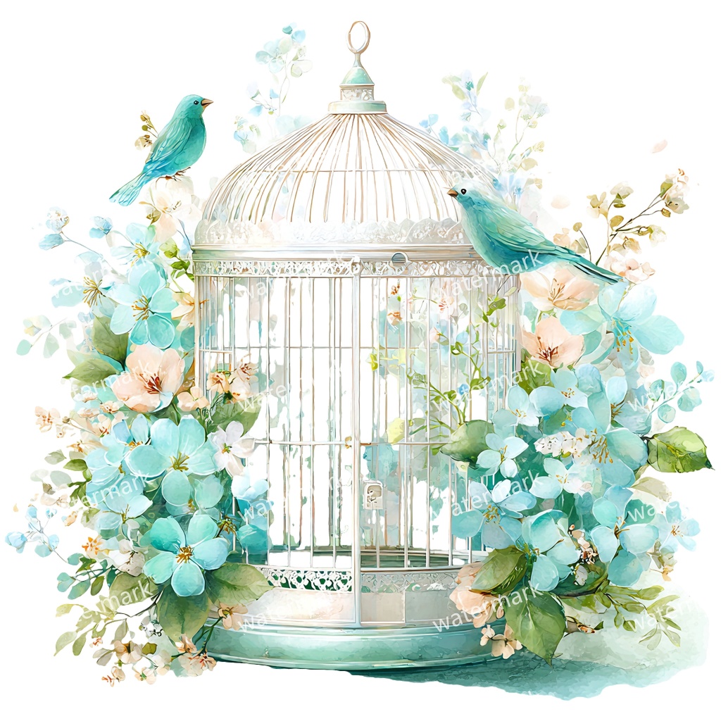 【商用利用可】花と鳥かご（水彩フローラルバードケージ）クリップアート12点セット｜高解像度・透過PNG｜ヴィンテージ装飾・コラージュ・ジャンクジャーナル素材｜即ダウンロード