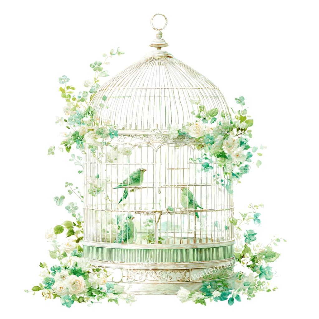 【商用利用可】花と鳥かご(水彩フローラルバードケージ)クリップアート12点セット|高解像度・透過PNG|ヴィンテージ装飾・コラージュ・ジャンクジャーナル素材|即ダウンロード