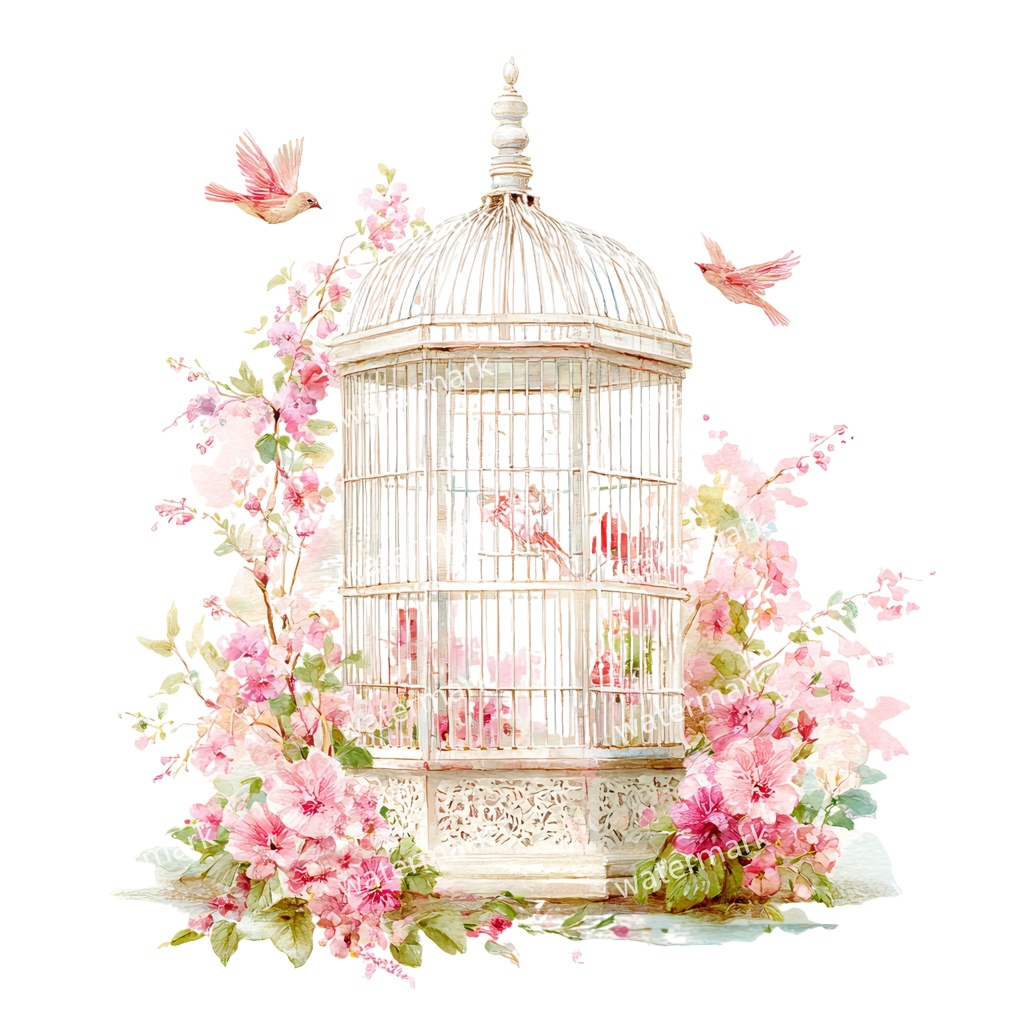 【商用利用可】花と鳥かご(水彩フローラルバードケージ)クリップアート12点セット|高解像度・透過PNG|ヴィンテージ装飾・コラージュ・ジャンクジャーナル素材|即ダウンロード