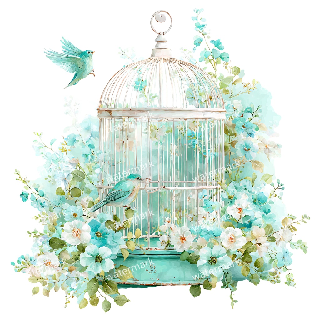 【商用利用可】花と鳥かご(水彩フローラルバードケージ)クリップアート12点セット|高解像度・透過PNG|ヴィンテージ装飾・コラージュ・ジャンクジャーナル素材|即ダウンロード