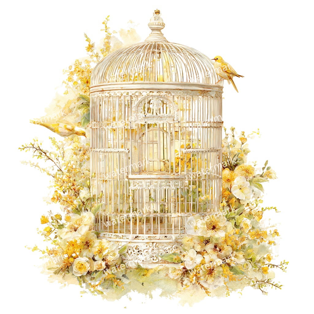 【商用利用可】花と鳥かご(水彩フローラルバードケージ)クリップアート12点セット|高解像度・透過PNG|ヴィンテージ装飾・コラージュ・ジャンクジャーナル素材|即ダウンロード