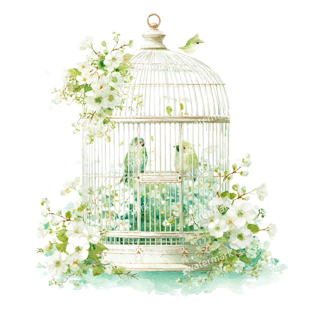 【商用利用可】花と鳥かご(水彩フローラルバードケージ)クリップアート12点セット|高解像度・透過PNG|ヴィンテージ装飾・コラージュ・ジャンクジャーナル素材|即ダウンロード