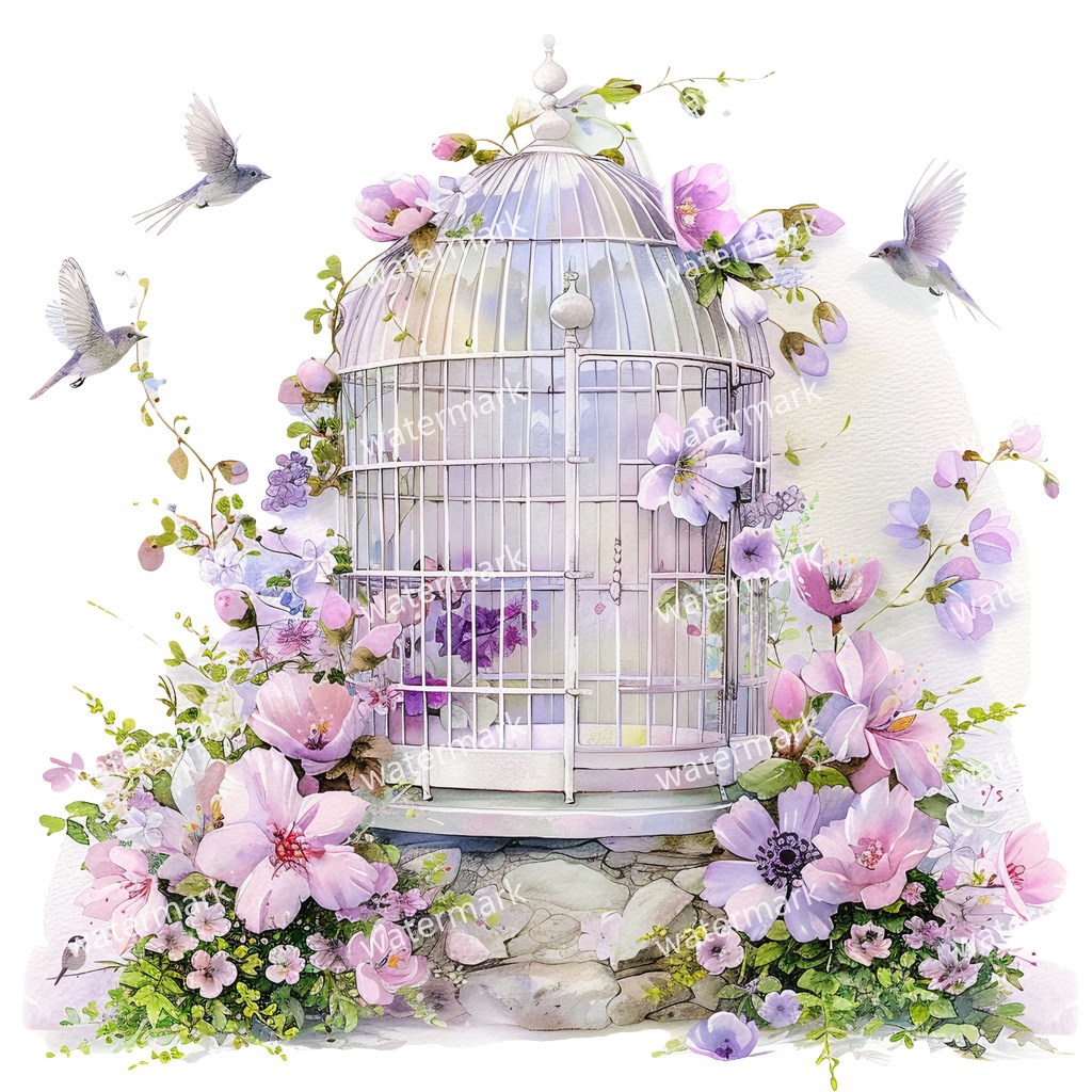 【商用利用可】花と鳥かご(水彩フローラルバードケージ)クリップアート12点セット|高解像度・透過PNG|ヴィンテージ装飾・コラージュ・ジャンクジャーナル素材|即ダウンロード