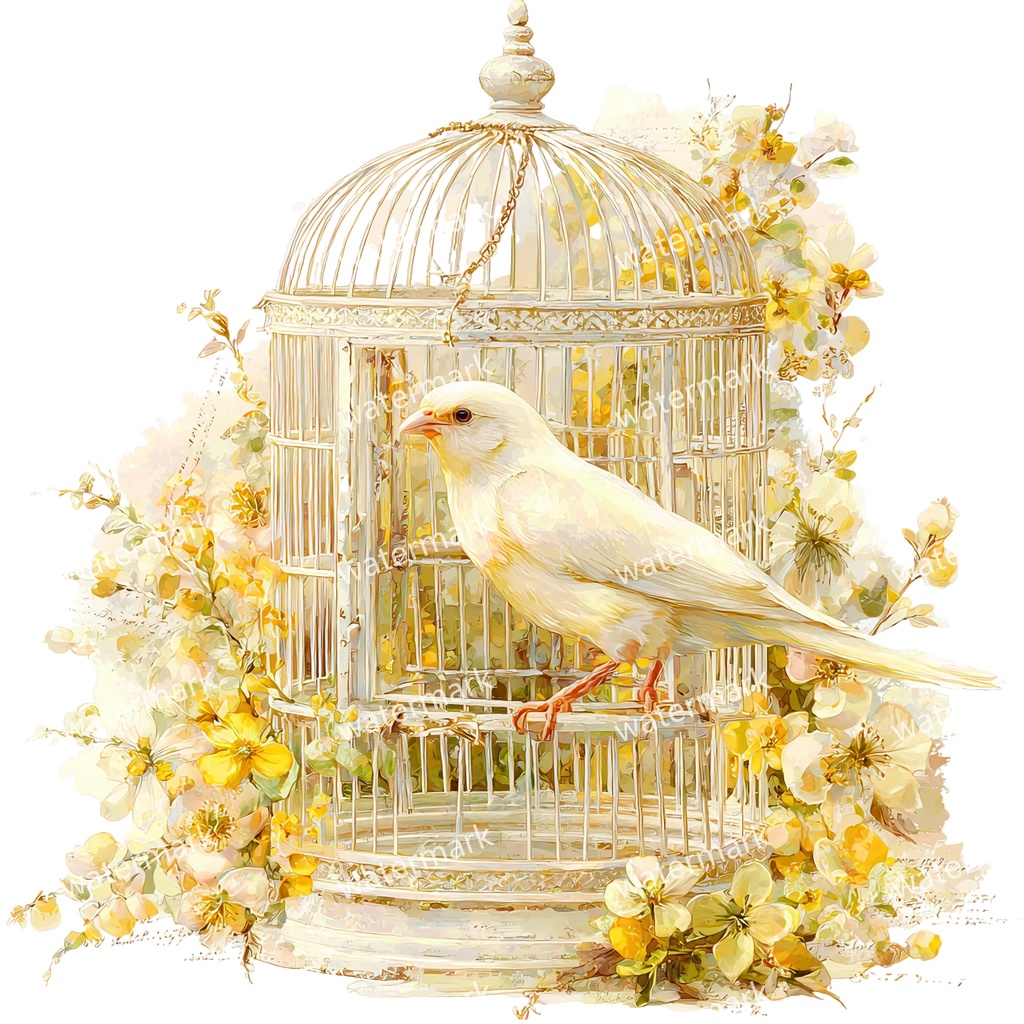 【商用利用可】花と鳥かご(水彩フローラルバードケージ)クリップアート12点セット|高解像度・透過PNG|ヴィンテージ装飾・コラージュ・ジャンクジャーナル素材|即ダウンロード
