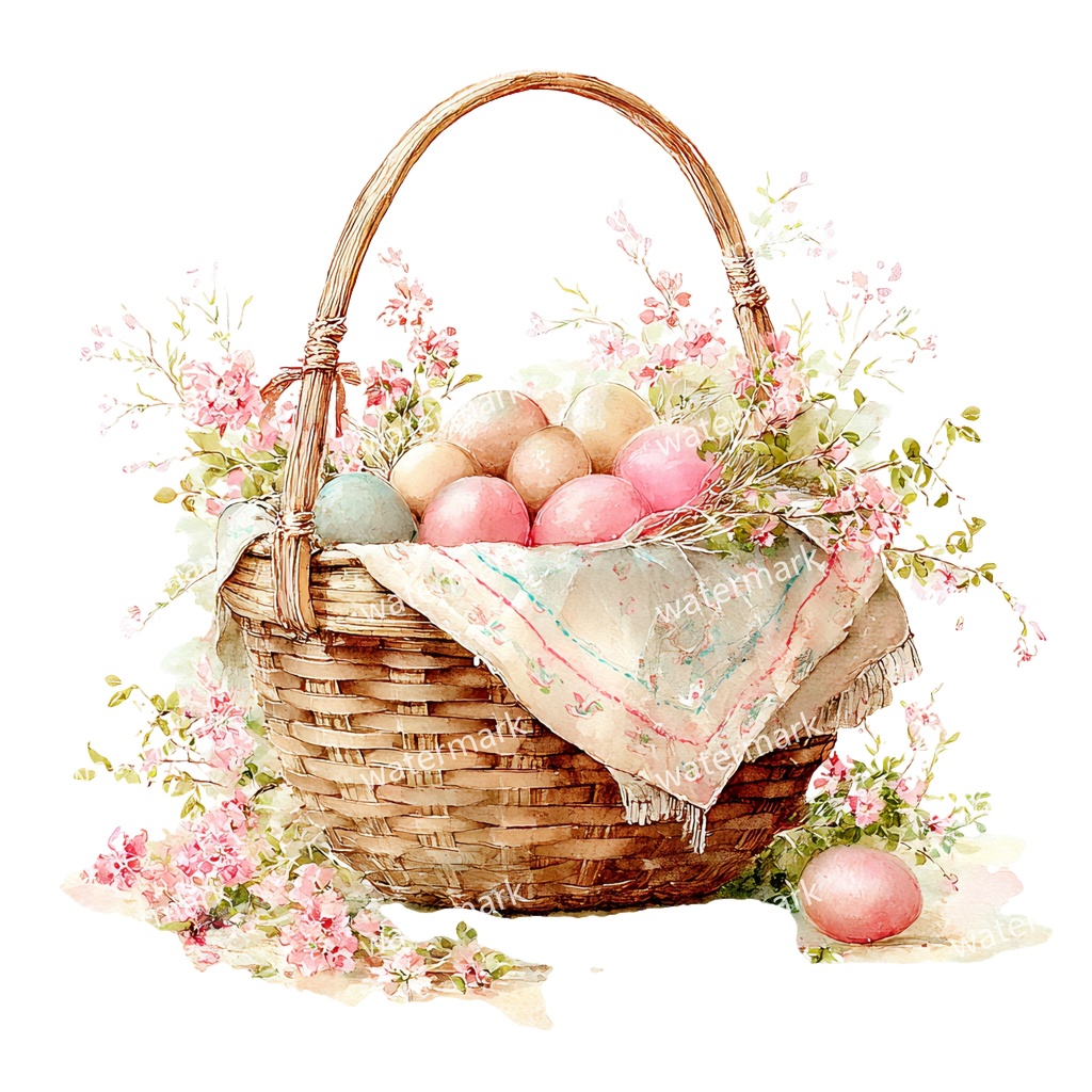 【商用利用可】イースターバスケット（水彩エッグバスケット）クリップアート18点セット｜高解像度・透過PNG｜春・うさぎ・パステル｜コラージュ・ジャンクジャーナル素材｜即ダウンロード