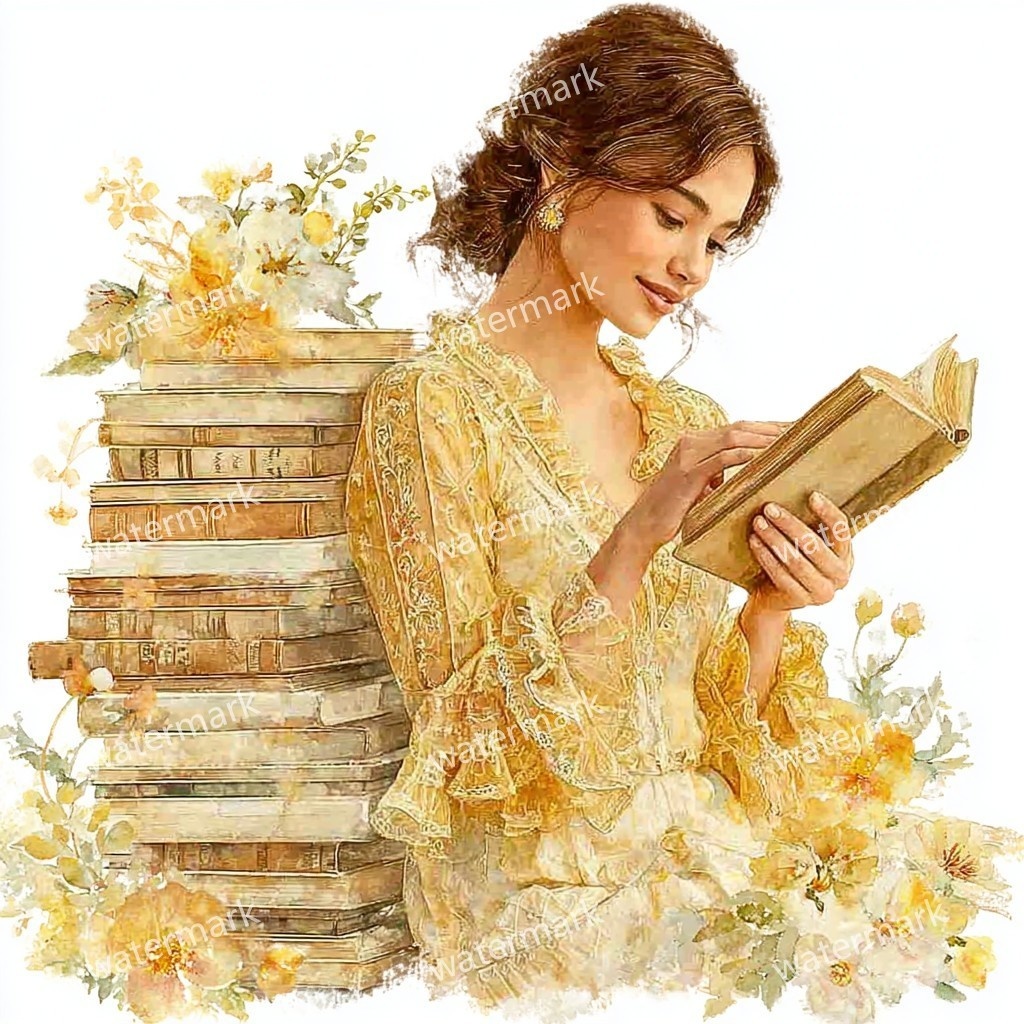 【商用利用可】本好きのためのイラスト（水彩ブックラバー）クリップアート20点セット｜高解像度JPG｜読書・本のある暮らし｜コラージュ・ジャンクジャーナル素材｜即ダウンロード