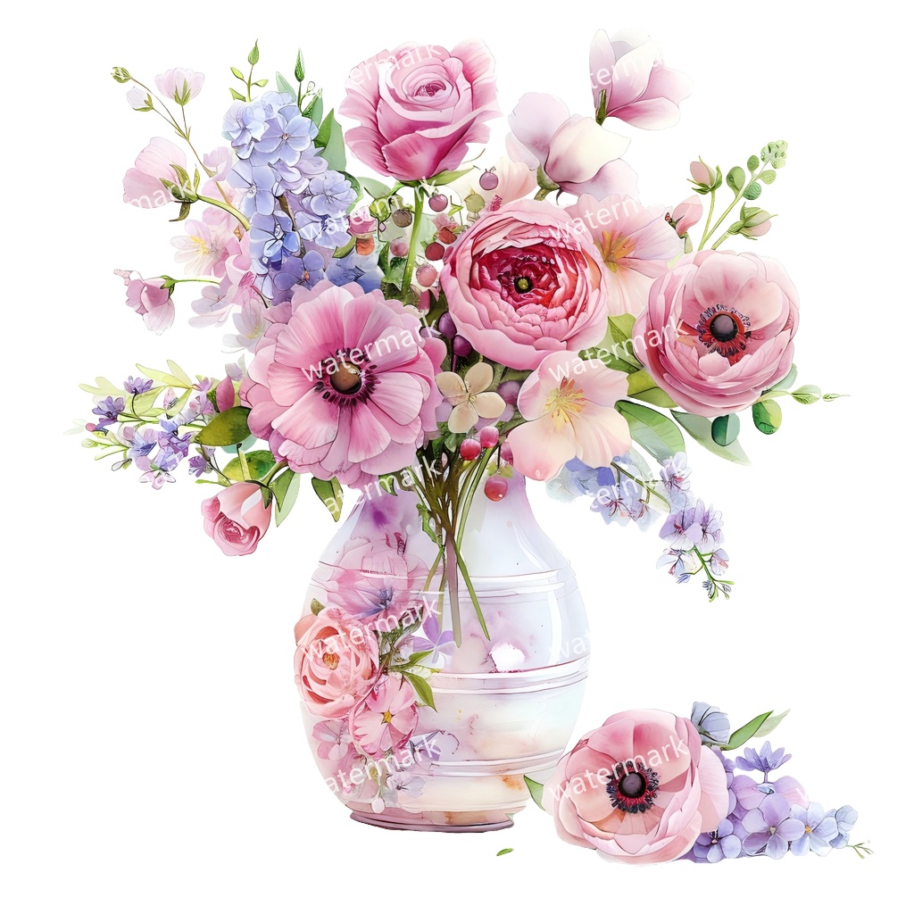 【商用利用可】フラワーベース(水彩花瓶)クリップアート20点セット|高解像度・透過PNG|花・インテリア・ナチュラル素材|コラージュ・ジャンクジャーナル素材|即ダウンロード