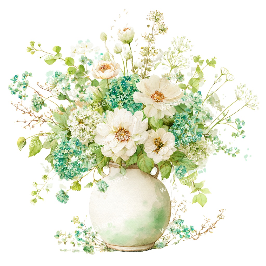 【商用利用可】フラワーベース（水彩花瓶）クリップアート20点セット｜高解像度・透過PNG｜花・インテリア・ナチュラル素材｜コラージュ・ジャンクジャーナル素材｜即ダウンロード