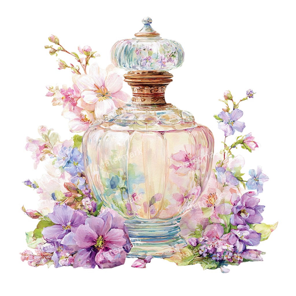 【商用利用可】香水ボトル(水彩パフューム)クリップアート20点セット|高解像度・透過PNG|コスメ・エレガント素材|コラージュ・ジャンクジャーナル素材|即ダウンロード