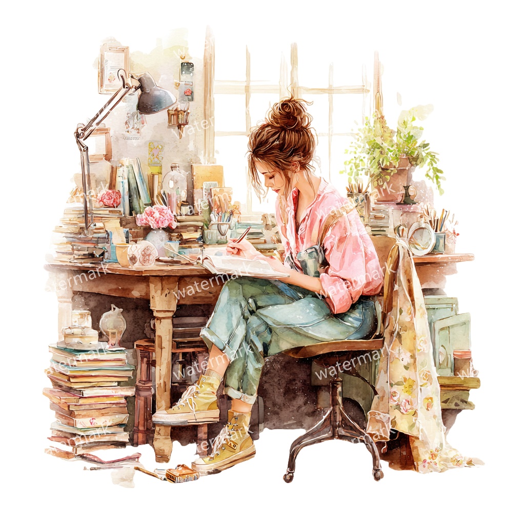 【商用利用可】リラックスする女の子(水彩リラックスガール)クリップアート37点セット|高解像度・透過PNG|癒し・おうち時間・コラージュ・ジャンクジャーナル素材|即ダウンロード