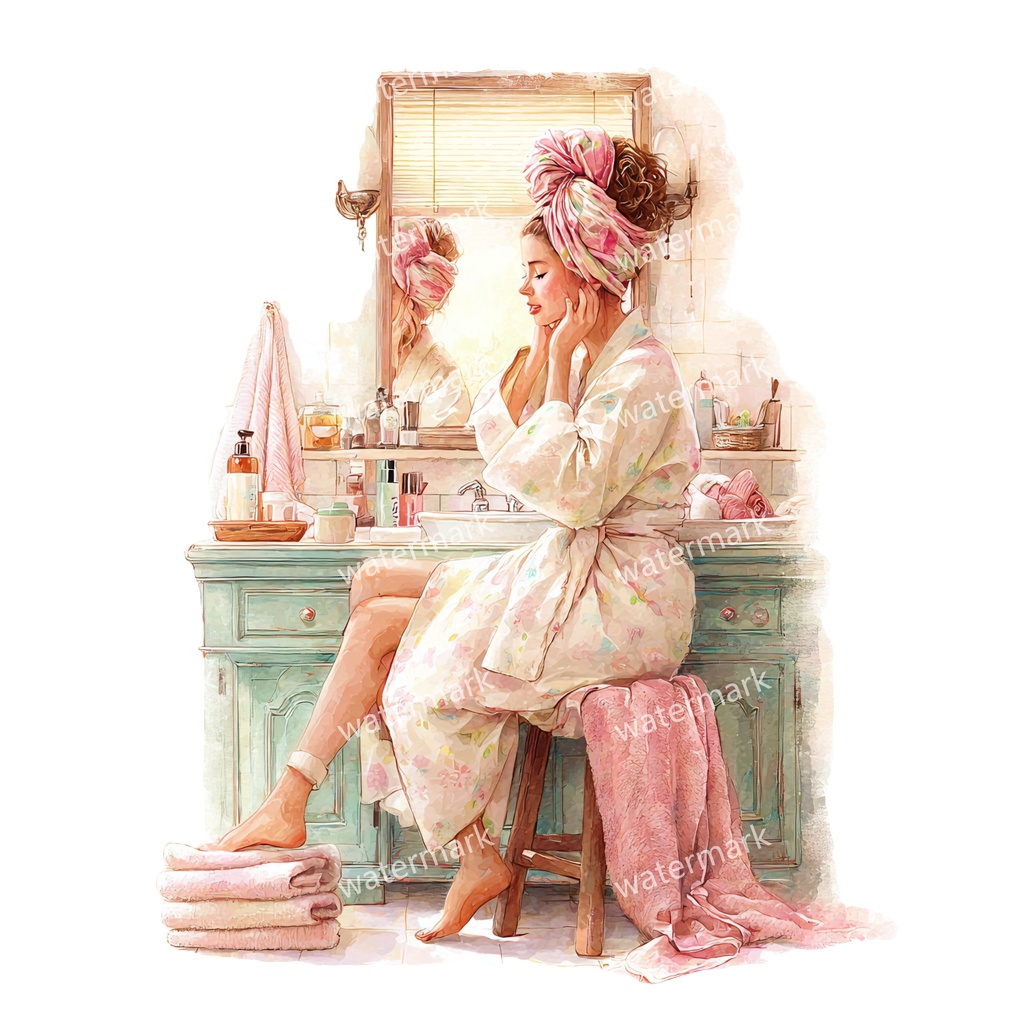 【商用利用可】リラックスする女の子(水彩リラックスガール)クリップアート37点セット|高解像度・透過PNG|癒し・おうち時間・コラージュ・ジャンクジャーナル素材|即ダウンロード