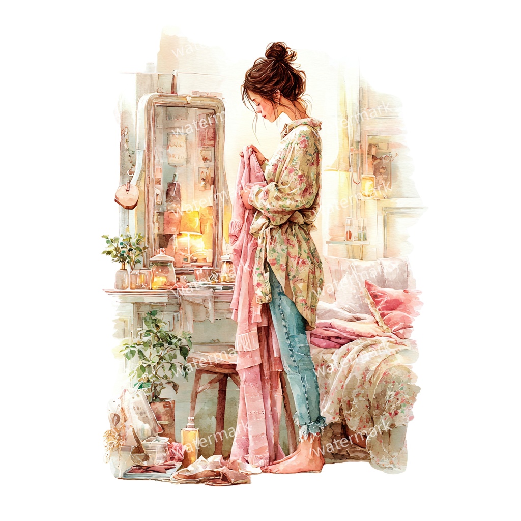 【商用利用可】リラックスする女の子(水彩リラックスガール)クリップアート37点セット|高解像度・透過PNG|癒し・おうち時間・コラージュ・ジャンクジャーナル素材|即ダウンロード