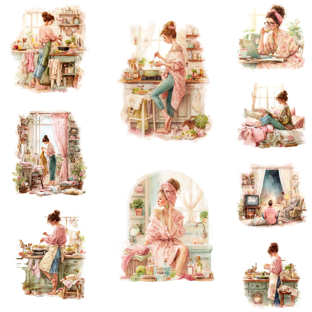 【商用利用可】リラックスする女の子(水彩リラックスガール)クリップアート37点セット|高解像度・透過PNG|癒し・おうち時間・コラージュ・ジャンクジャーナル素材|即ダウンロード