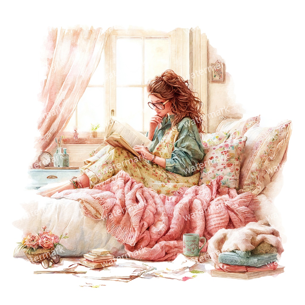 【商用利用可】リラックスする女の子(水彩リラックスガール)クリップアート37点セット|高解像度・透過PNG|癒し・おうち時間・コラージュ・ジャンクジャーナル素材|即ダウンロード