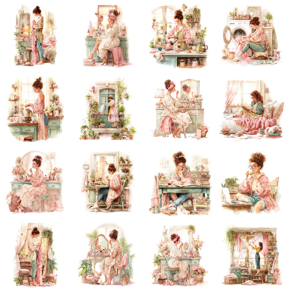 【商用利用可】リラックスする女の子(水彩リラックスガール)クリップアート37点セット|高解像度・透過PNG|癒し・おうち時間・コラージュ・ジャンクジャーナル素材|即ダウンロード