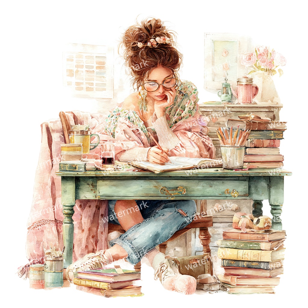 【商用利用可】リラックスする女の子(水彩リラックスガール)クリップアート37点セット|高解像度・透過PNG|癒し・おうち時間・コラージュ・ジャンクジャーナル素材|即ダウンロード