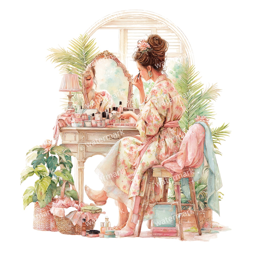 【商用利用可】リラックスする女の子(水彩リラックスガール)クリップアート37点セット|高解像度・透過PNG|癒し・おうち時間・コラージュ・ジャンクジャーナル素材|即ダウンロード