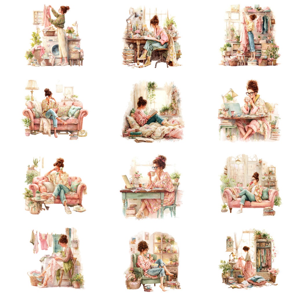 【商用利用可】リラックスする女の子(水彩リラックスガール)クリップアート37点セット|高解像度・透過PNG|癒し・おうち時間・コラージュ・ジャンクジャーナル素材|即ダウンロード