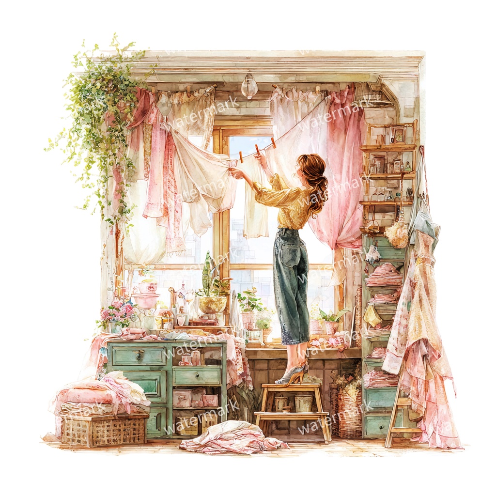 【商用利用可】リラックスする女の子(水彩リラックスガール)クリップアート37点セット|高解像度・透過PNG|癒し・おうち時間・コラージュ・ジャンクジャーナル素材|即ダウンロード