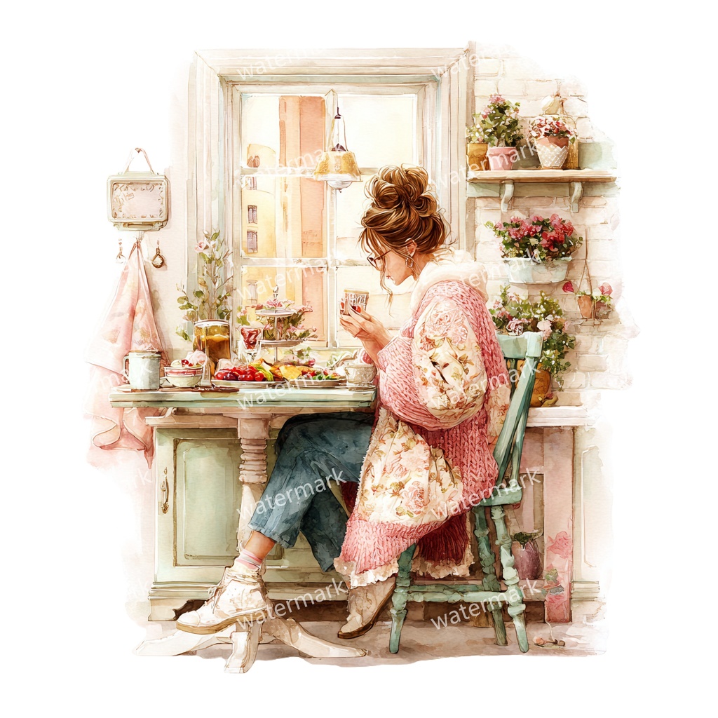 【商用利用可】リラックスする女の子(水彩リラックスガール)クリップアート37点セット|高解像度・透過PNG|癒し・おうち時間・コラージュ・ジャンクジャーナル素材|即ダウンロード