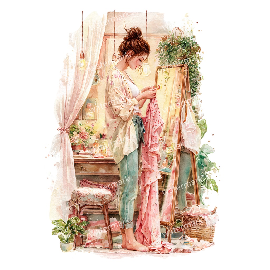 【商用利用可】リラックスする女の子(水彩リラックスガール)クリップアート37点セット|高解像度・透過PNG|癒し・おうち時間・コラージュ・ジャンクジャーナル素材|即ダウンロード