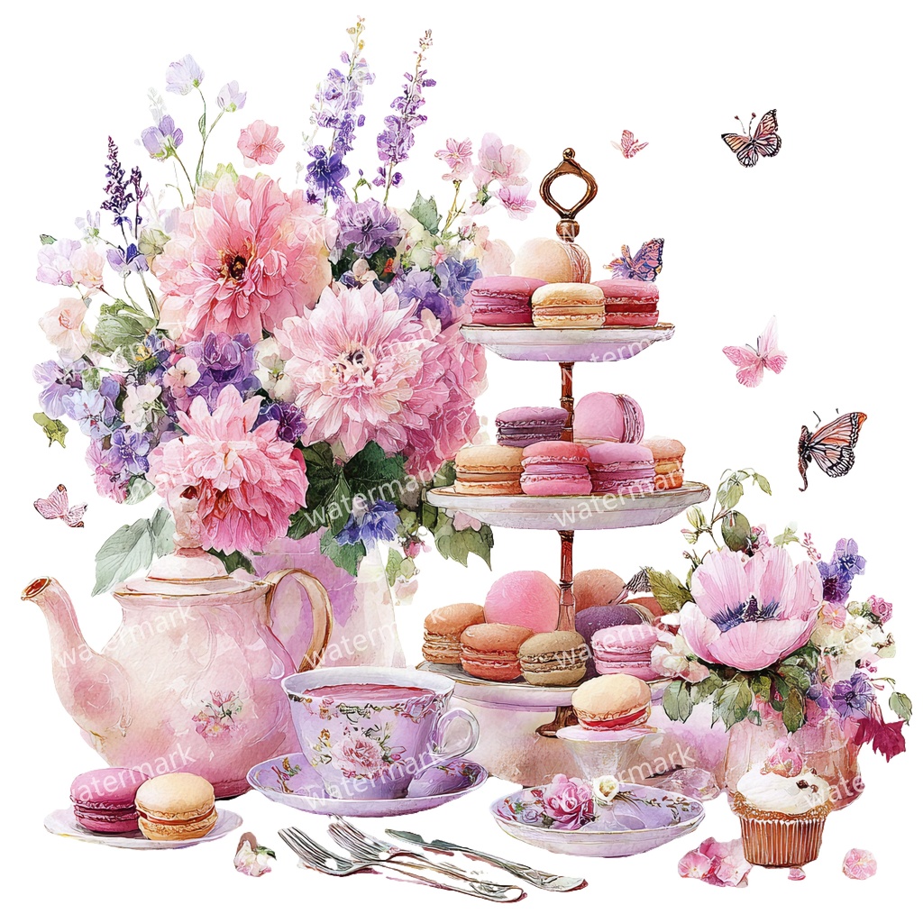 【商用利用可】ティーパーティー（水彩ティータイム）クリップアート20点セット｜高解像度・透過PNG｜紅茶・スイーツ・パーティー素材｜コラージュ・ジャンクジャーナル・手帳シール｜即ダウンロード