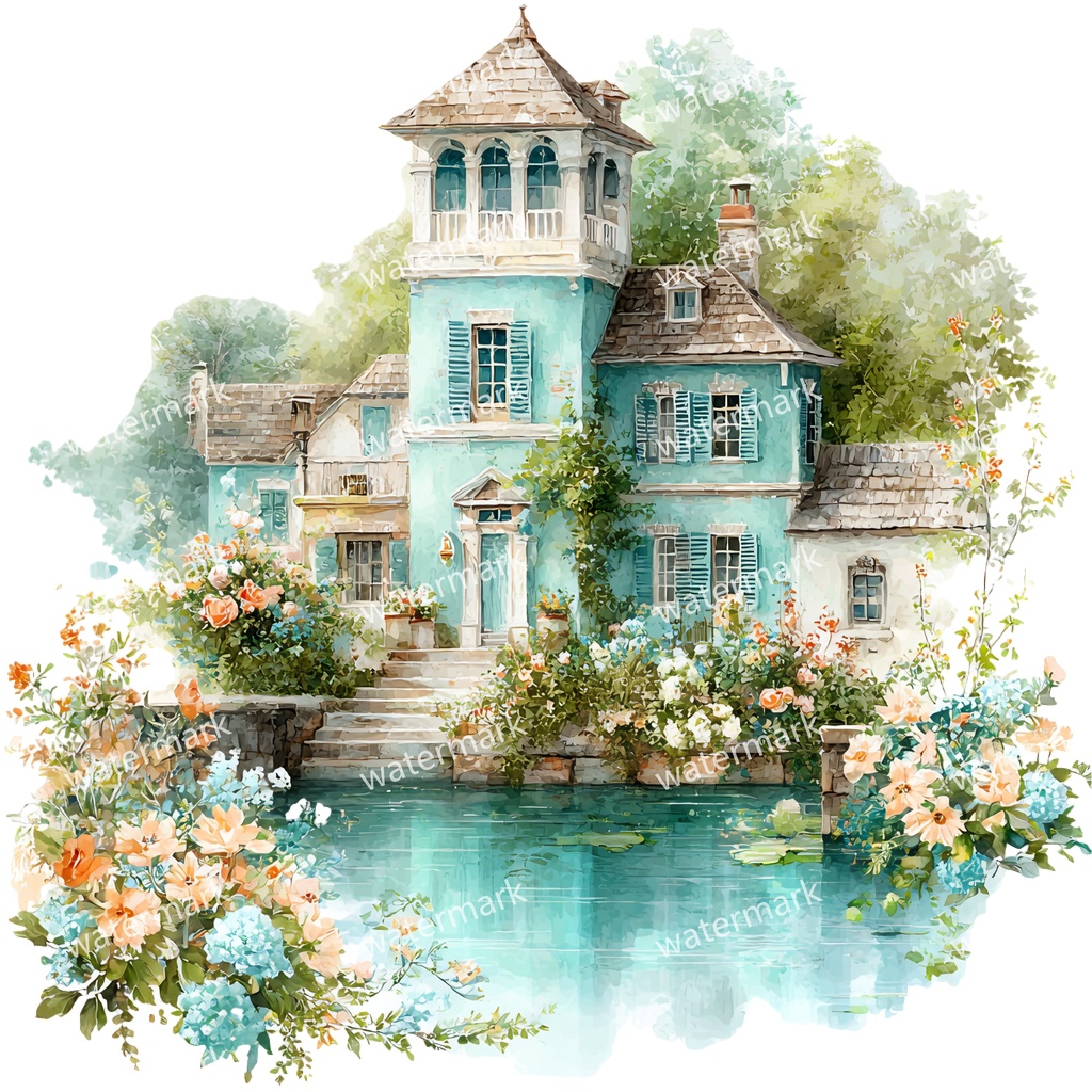 【商用利用可】川辺のヴィラ（水彩リバーサイドハウス）クリップアート20点セット｜高解像度・透過PNG｜風景・ヨーロッパ建築・コラージュ・ジャンクジャーナル素材｜即ダウンロード