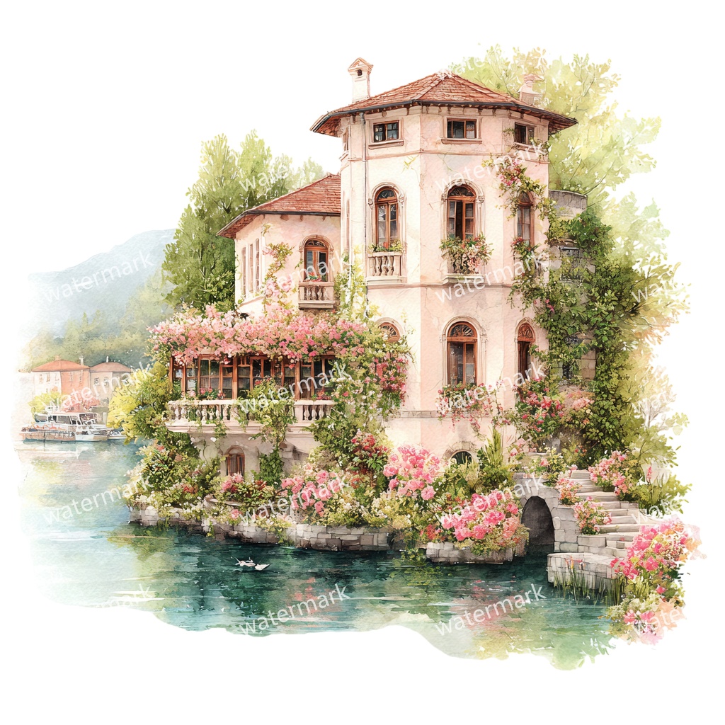 【商用利用可】川辺のヴィラ(水彩リバーサイドハウス)クリップアート20点セット|高解像度・透過PNG|風景・ヨーロッパ建築・コラージュ・ジャンクジャーナル素材|即ダウンロード