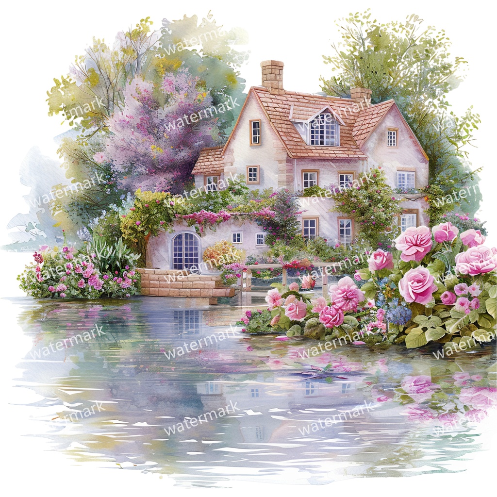 【商用利用可】川辺のヴィラ(水彩リバーサイドハウス)クリップアート20点セット|高解像度・透過PNG|風景・ヨーロッパ建築・コラージュ・ジャンクジャーナル素材|即ダウンロード