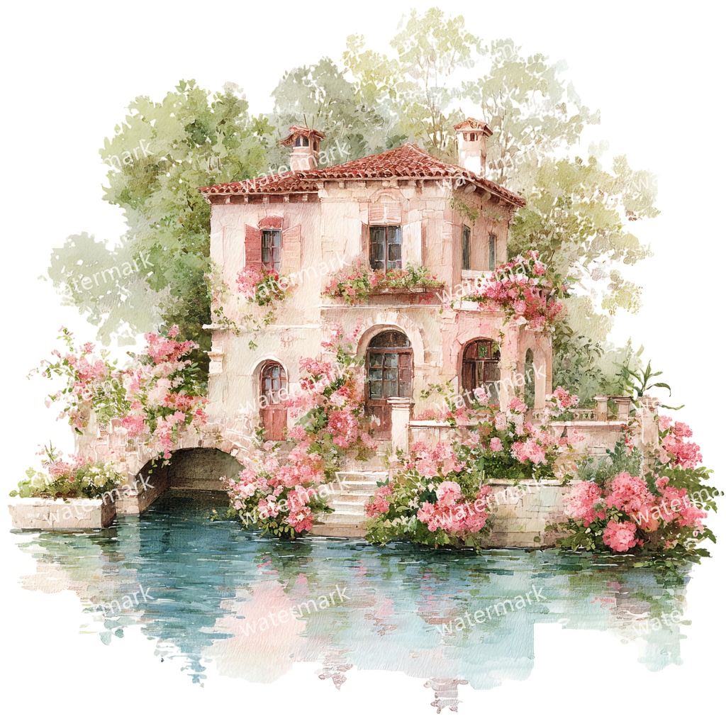 【商用利用可】川辺のヴィラ(水彩リバーサイドハウス)クリップアート20点セット|高解像度・透過PNG|風景・ヨーロッパ建築・コラージュ・ジャンクジャーナル素材|即ダウンロード