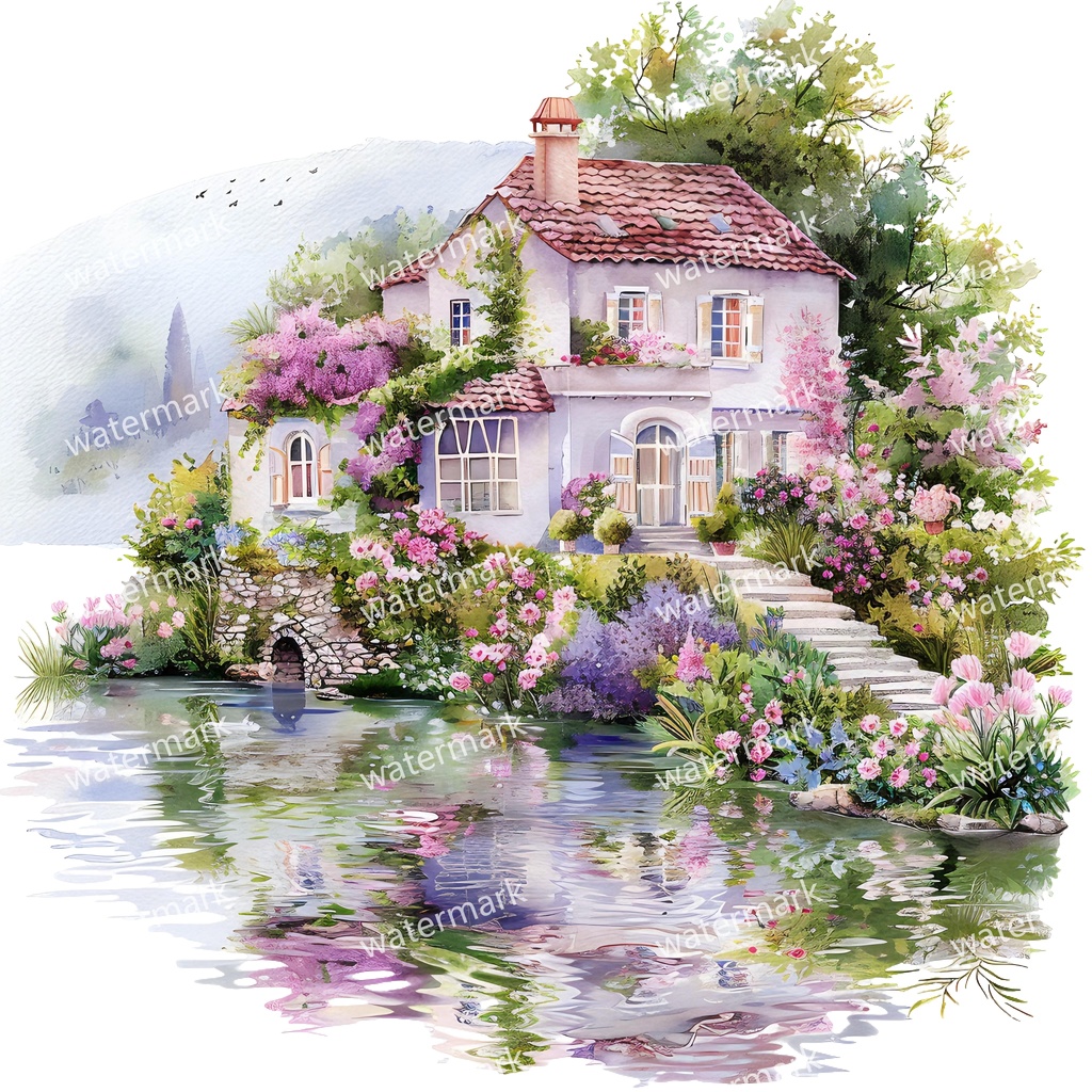 【商用利用可】川辺のヴィラ(水彩リバーサイドハウス)クリップアート20点セット|高解像度・透過PNG|風景・ヨーロッパ建築・コラージュ・ジャンクジャーナル素材|即ダウンロード